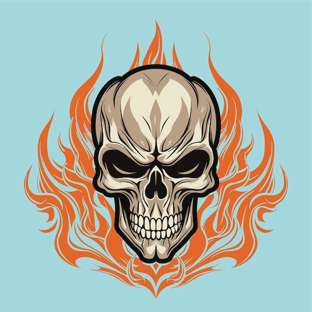 Totenkopf mit orangefarbenen flammen auf blauem hintergrund