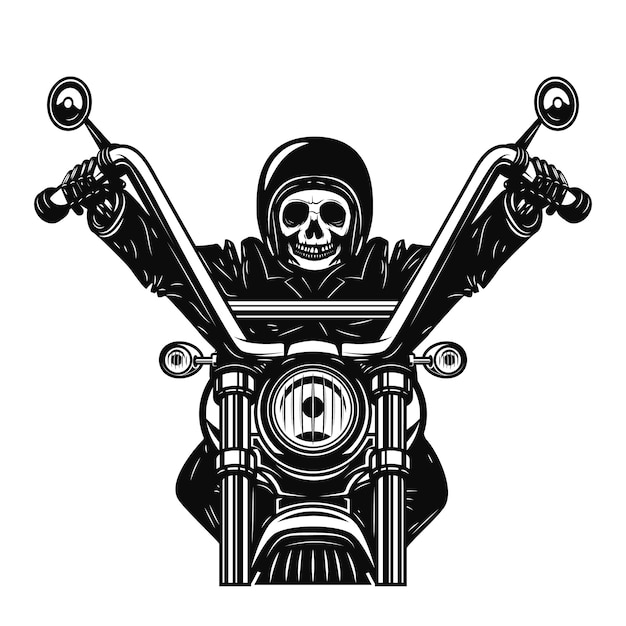 Toter Mann auf dem Motorrad. Motorradrennfahrer. Element für Plakat, Emblem, Zeichen. Illustration