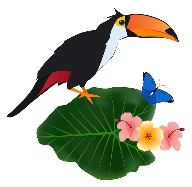 Vektor toucan sitzt auf tropischer pflanze exotischer vogel in der natur