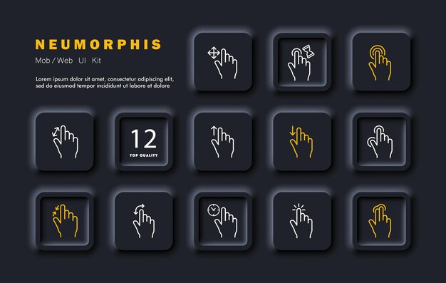 Touch-Control-Set-Linie-Symbol Laptop Smartphone Swipe-Touchpad-Bewegung Pinch-Hand-Finger-Uhr Neomorphismus-Stil Vektor-Linien-Ikonen für Unternehmen und Werbung