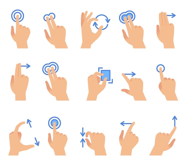 Vektor touchscreen-handgesten. touchscreen-geräte kommunikation, ziehen sie mit der fingergeste für apps-schnittstelle eingestellt