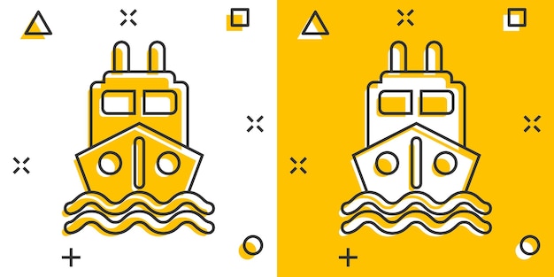 Tourismus-schiff-symbol im comic-stil fischerboot cartoon-vektor-illustration auf weißem, isoliertem hintergrund geschäftskonzept mit spritzeffekt für das tankschiff-ziel