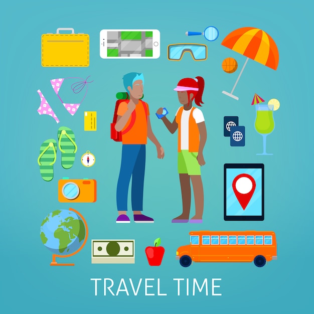 Tourismus und Reise Icons Set mit Touristenpaar.