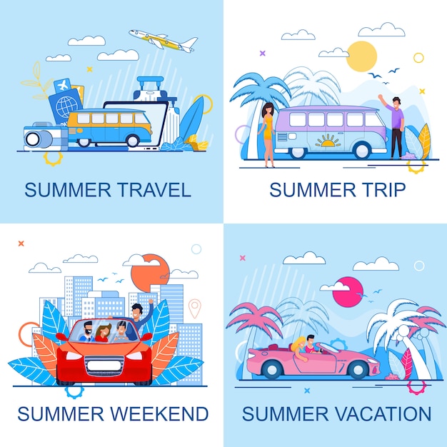 Tourismus und sommer reisen flache cartoon promo set. urlaub und ausflug am wochenende. leute, die auto fahren und mit dem bus oder flugzeug reisen