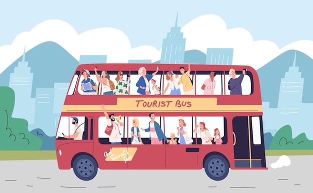 Touristen auf bus-ausflug reise touristengruppe transfer ausländer london reise oder familie sightseeing sommer reisen stadttour redner wahrzeichen führer klassische vektor-illustration