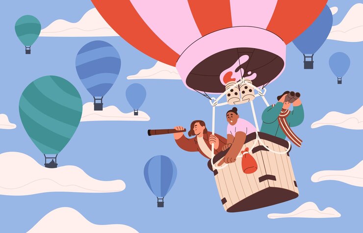 Vektor touristen, die mit einem heißluftballon fliegen, glückliche menschen, die sich während der flugreise umsehen und zeigen, freunde, die in einem korb aus luftballons schweben, kappadokien-festival am himmel, flache vektorillustration