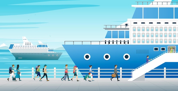Vektor touristen laden ihr gepäck auf ein kreuzfahrtschiff