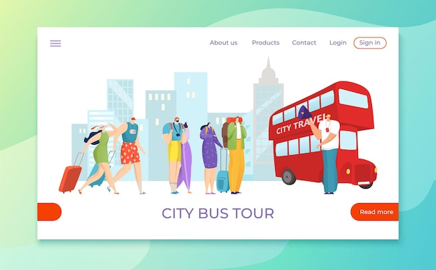 Touristen reisen mit dem Ausflugstourbus, flache Urlaubsreise Tourismus Illustration