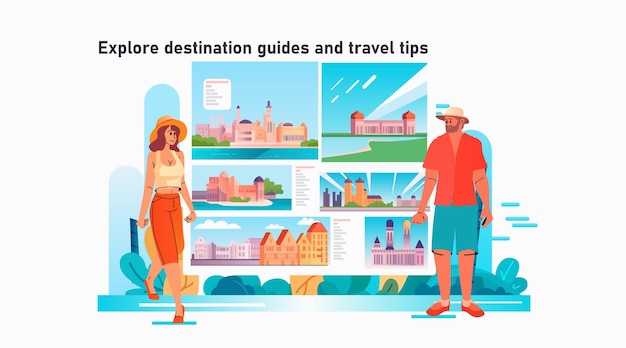 Touristen wählen und erkunden Reiseführer und Reisetipps auf der horizontalen Karte des Reisekonzepts