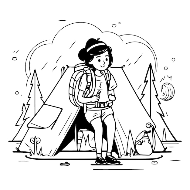 Vektor touristenmädchen mit rucksack im camping im sketch-stil