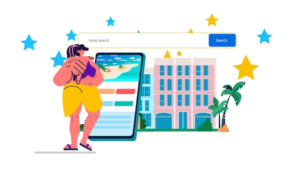 Vektor touristin mit gepäck nutzt eine mobile app, um hotels online zu suchen und zu buchen sommerferien urlaubszeit zum reisen