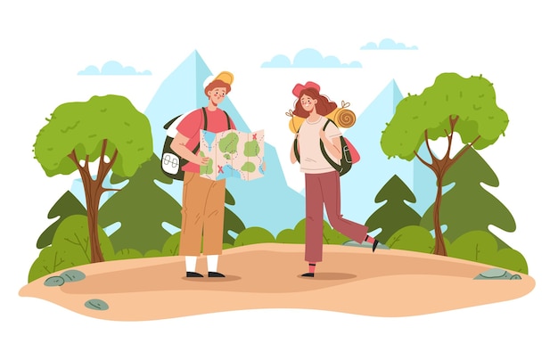Touristische Karte Wandern Reise Natur Sommer Trail Wald Konzept Grafik Design Illustration