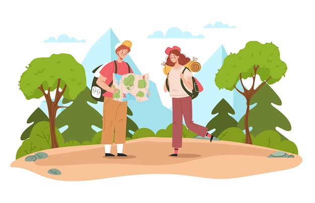 Vektor touristische karte wandern reise natur sommer trail wald konzept grafik design illustration