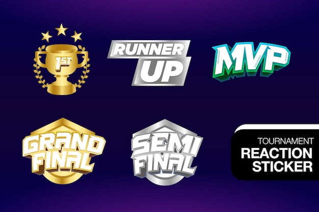 Vektor tournament reaction sticker für e-sports im metallic style