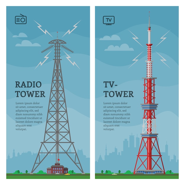 Vektor tower global skyline tower antennenbau in stadt und wolkenkratzer gebäude mit netzwerkkommunikation illustration stadtbild satz von hoch aufragenden architektur hintergrund