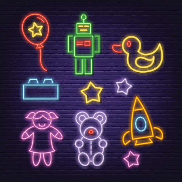 Toy neon icons set