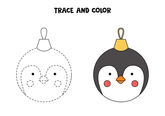 Trace und Farbe Cartoon Weihnachtskugel. Arbeitsblatt für Kinder.