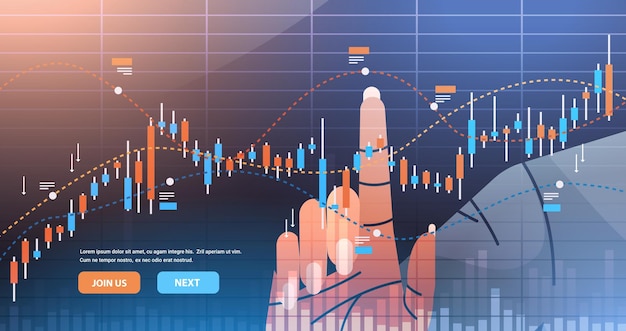 Trader hand analyzig herunterfallen börse trading graph candlestick chart finanzinvestition wirtschaft trends konzept horizontale copy space vector illustration