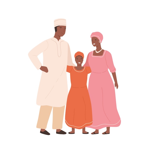 Traditionelle afrikanische Familie in der flachen Illustration des nationalen Kleidungsvektors. Mutter, Vater und Tochter posieren in ethnischer Kleidung, isoliert auf weiss. Karikatureltern und -kind, die zusammen lächeln