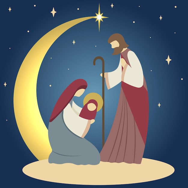 Vektor traditionelle christliche weihnachtskrippe des jesuskindes in einer krippe mit mary und joseph.vector