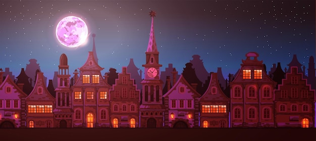 Traditionelle europäische AltstadtRathauskapelle schöne Häuser Stadtstraße Nachtstadtmond Vektor-Cartoon-Landschaft mit alten Gebäuden