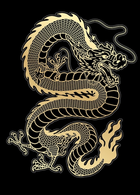Vektor traditionelle goldene asiatische drachenillustration auf schwarzem hintergrund