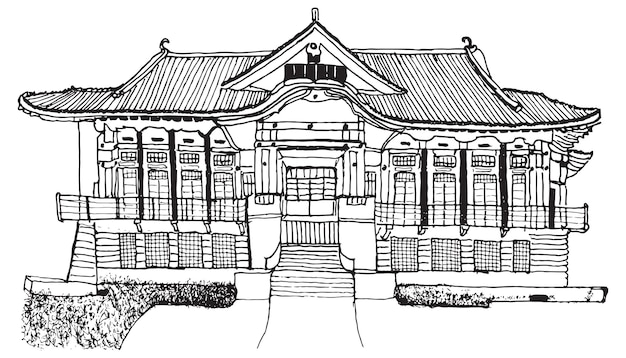 Traditionelle japanische architektur handgezeichnete skizze vektorillustration