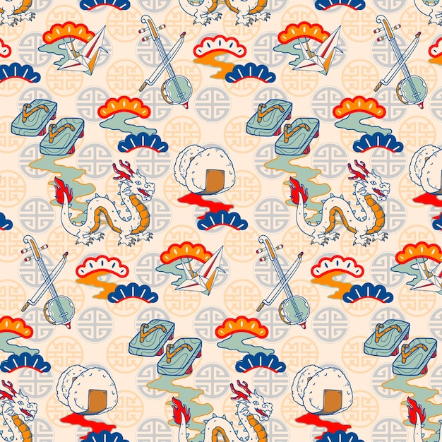 Traditionelle japanische Themen nahtlose Textur mit Drachen, Shamisen und Onigiri