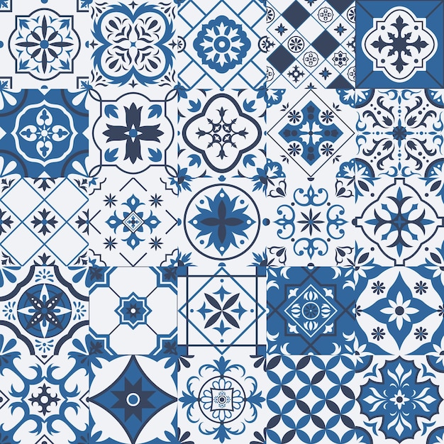 Traditionelle mexikanische und portugiesische Porzellankeramikfliesenmuster. Azulejo, Talavera mediterrane Patchwork-Fliesen-Vektor-Illustration-Set. Ethnische Volksverzierung aus Keramik