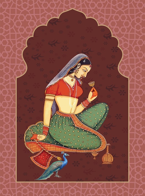 Vektor traditionelle mughal schöne frau in ihrer toilette illustration für tapeten