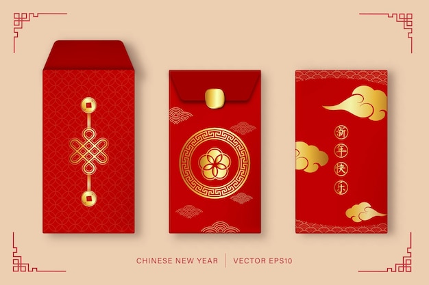 Traditionelle rote Umschläge oder Ang Pao als Geschenke während der chinesischen Neujahrsübersetzung als frohes neues Jahr