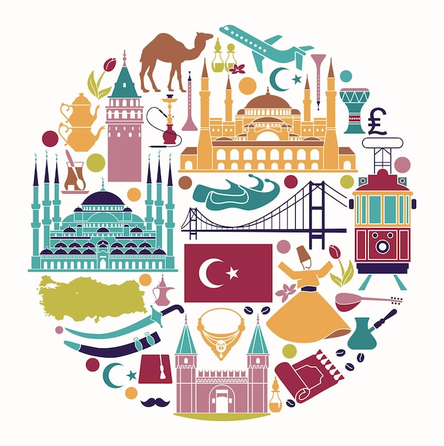 Vektor traditionelle touristensymbole der türkei in form von zirkeln