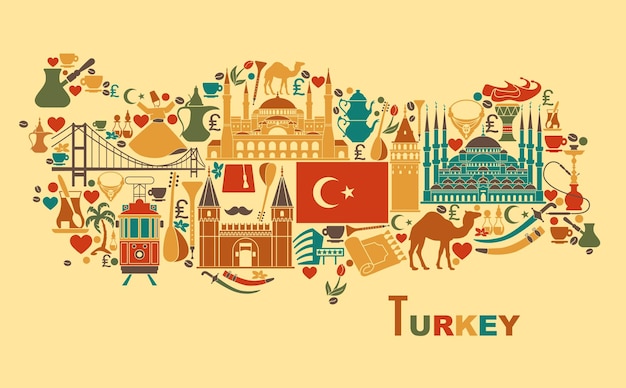 Vektor traditionelle touristische symbole der türkei in form einer karte