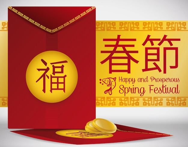 Traditioneller chinesischer roter Umschlag mit Münzen für Neujahr und Frühlingsfest