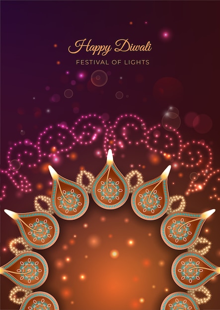 Traditioneller diwali festivalhintergrund mit brennenden diya-lampen und lichteffekten