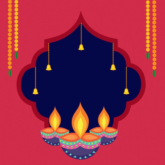 Vektor traditionelles fröhliches diwali-puja-design mit diya-ringelblumen-blumen-hindu-fest