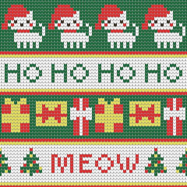 Vektor traditionelles gestricktes weihnachtsmuster. neujahrshintergrund mit festlichen katzen, geschenken und text. vektorillustration