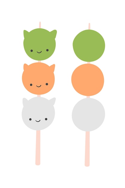 Traditionelles japanisches Dessert Dango in Form einer Katze, isoliert auf weiss Hanami Dango Dessert mit 3 Farben