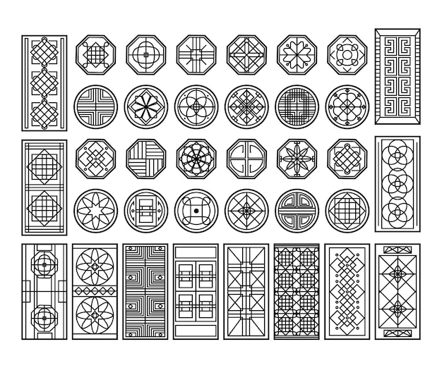 Traditionelles koreanisches fenstermuster kreisornament rechteckiges geometrisches schneiderdekor und asiatisches grafikdesign-element-vektorset