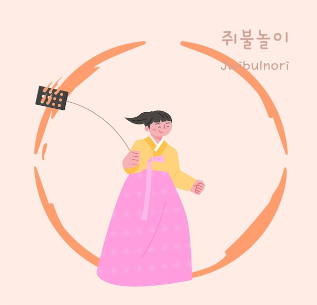Traditionelles koreanisches spiel ein mädchen, das einen hanbok trägt, spielt ein spiel, bei dem es darum geht, eine dose mit einem feuer zu drehen