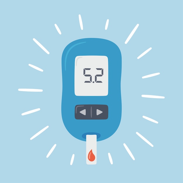 Vektor tragbares glukometer mit normalen werten. blutzuckertest. blutzuckerwerte. diabetes-kontrolle und -diagnostik. medizinische messgeräte.