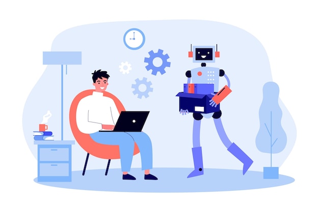 Tragende Dokumente des Robotercharakters für den Mann, der am Laptop arbeitet. Männlicher Charakter, der flache Vektorillustration der mechanischen Unterstützung verwendet. Moderne Roboter, Technologie, Konzept der künstlichen Intelligenz