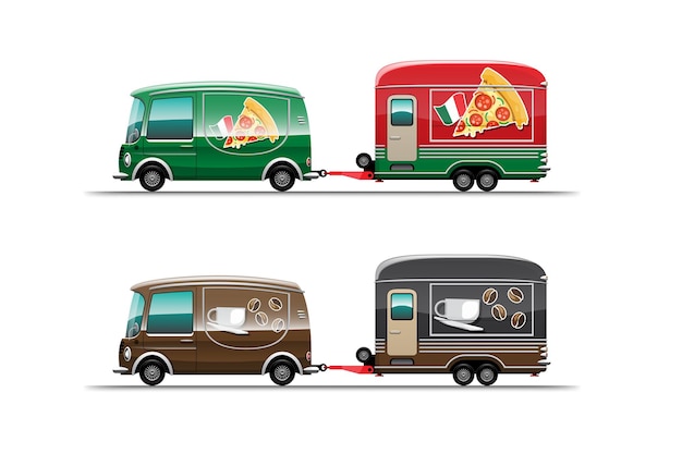 Trailer food truck von pizza und coffeeshop auf weißem hintergrund, illustration