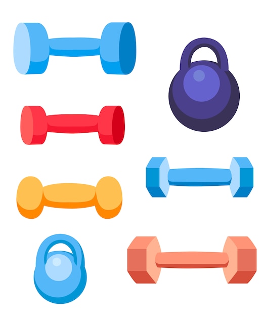 Trainingsgeräte für gewicht und hanteln. sportkollektion in verschiedenen farben. illustration auf weißem hintergrund