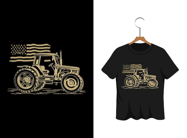 Traktor-illustration mit amerikanischer flagge t-shirt-design-kunstwerk