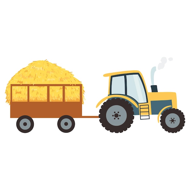 Traktor mit landwirtschaftlichem heuhaufen im anhänger im cartoon-flat-stil ländliches heu gerollter stapel getrockneter heuhaufen auf dem bauernhof vektor-illustration von futterstroh