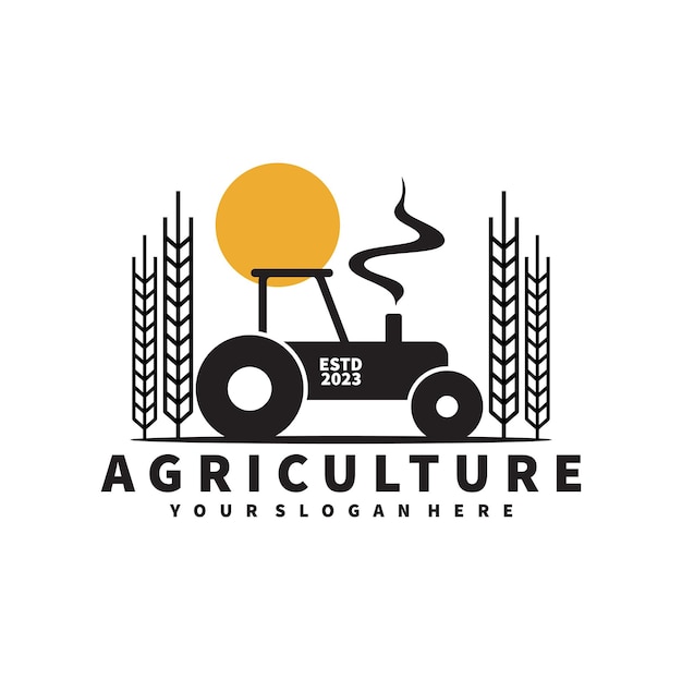 Vektor traktorlogo für die landwirtschaft, agronomie, weizenanbau, ländliche landwirtschaft, felder, natürliche ernte