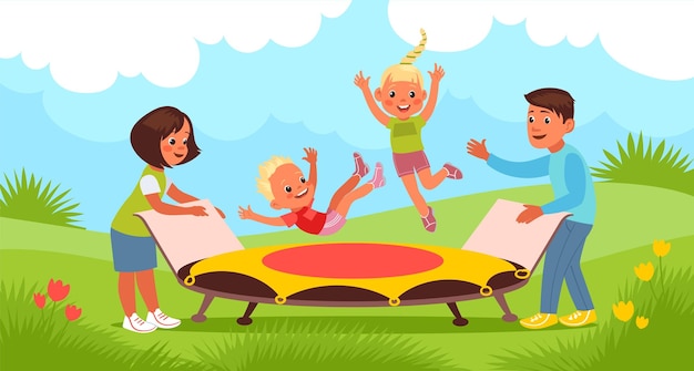 Trampolinspringen im freien fröhliche kinder und eltern in der natur gemeinsame sommeraktivitäten für die familie mama und papa spielen mit kindern verspielter sohn und tochter beim trampolinspringen herrliches vektorkonzept