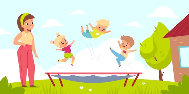 Trampolinspringen im freien kinder spielen im hof mit fitnessgeräten süße kinder hüpfen durch mutteraufsicht aktive gruppenspiele fröhliche sommerfreizeit vektor cartoon isoliertes konzept