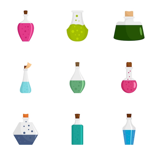 Vektor trank flasche icon set. flacher satz von 9 trankflaschenikonen